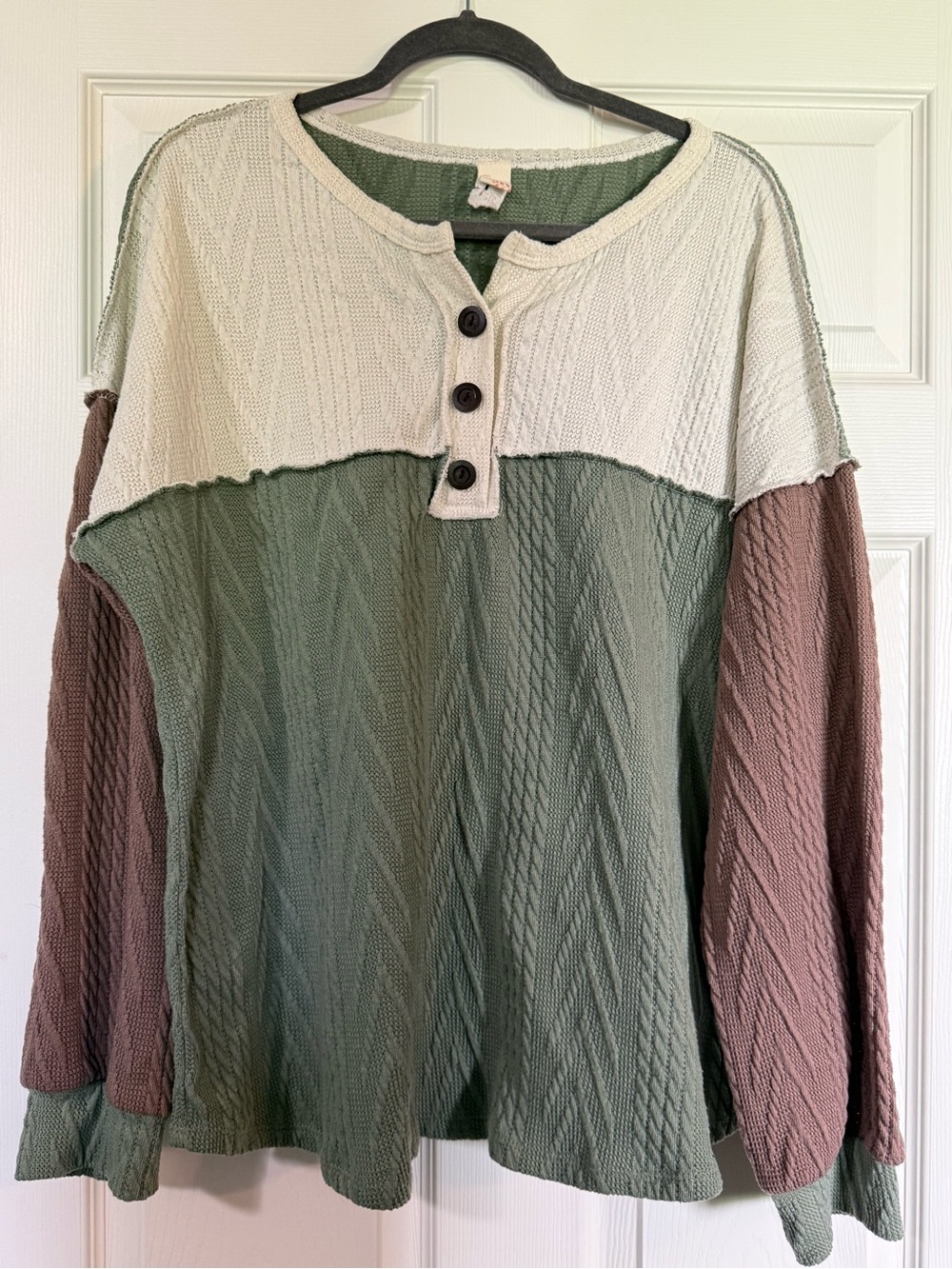 7th Ray Colorblock Henley Top in Sage, Cream & Taupe